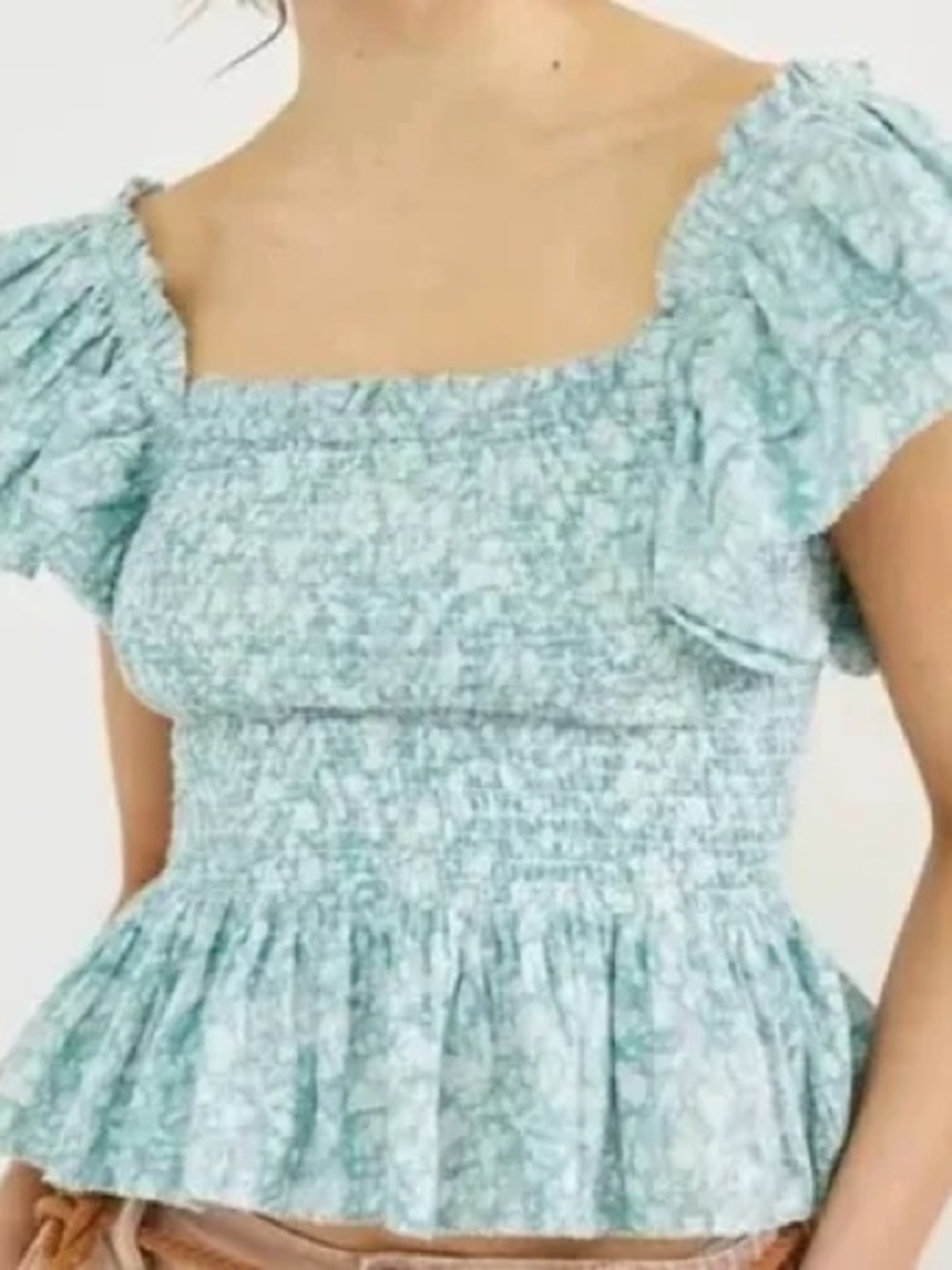 Anthropologie Love The Label Blue Smocked Peplum Crop Top